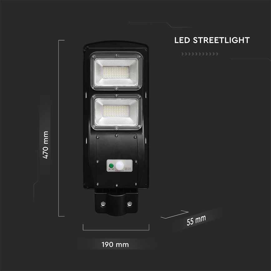 Lámpara solar LED regulable para exterior con sensor de movimiento y crepúsculo LED/8W/3,2V 6000K IP65 9000 mAh negra + mando a distancia