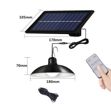 Lámpara solar colgante LED regulable con cable y sensor LED/1,8W/3,7V IP44 6500K 1600 mAh + control remoto