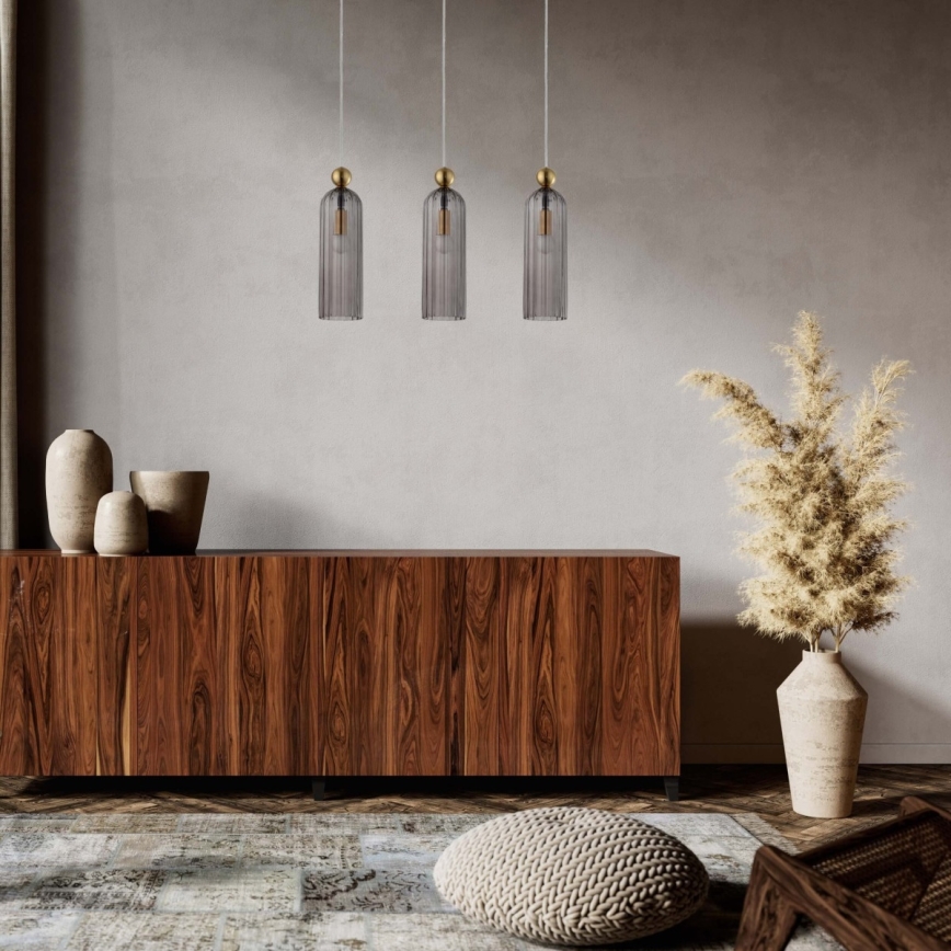 Lámpara suspendida de cable PIEGA 3xE14/40W/230V latón/negro ahumado