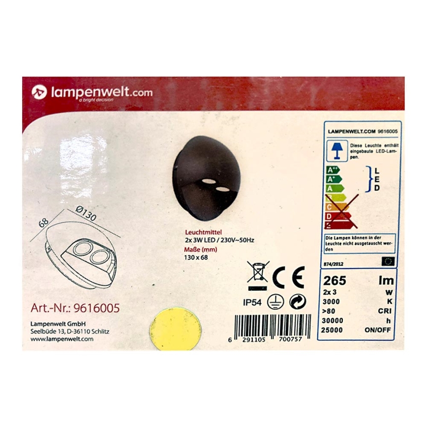 Lampenwelt - Aplique LED para exterior 2xLED/3W/230V IP54