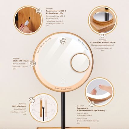 Lanaform - Espejo de maquillaje regulable con iluminación LED, 5V USB, bambú