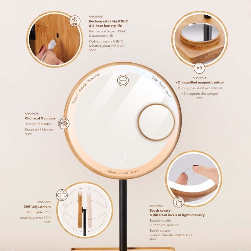 Lanaform - Espejo de maquillaje regulable con iluminación LED, 5V USB, bambú