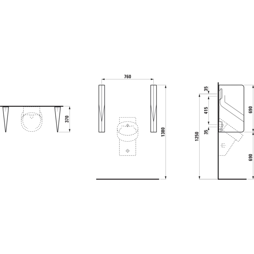 LAUFEN H8472800200001 - Separador para urinarios VAL, 69 x 37 cm, cerámica con acabado negro brillante