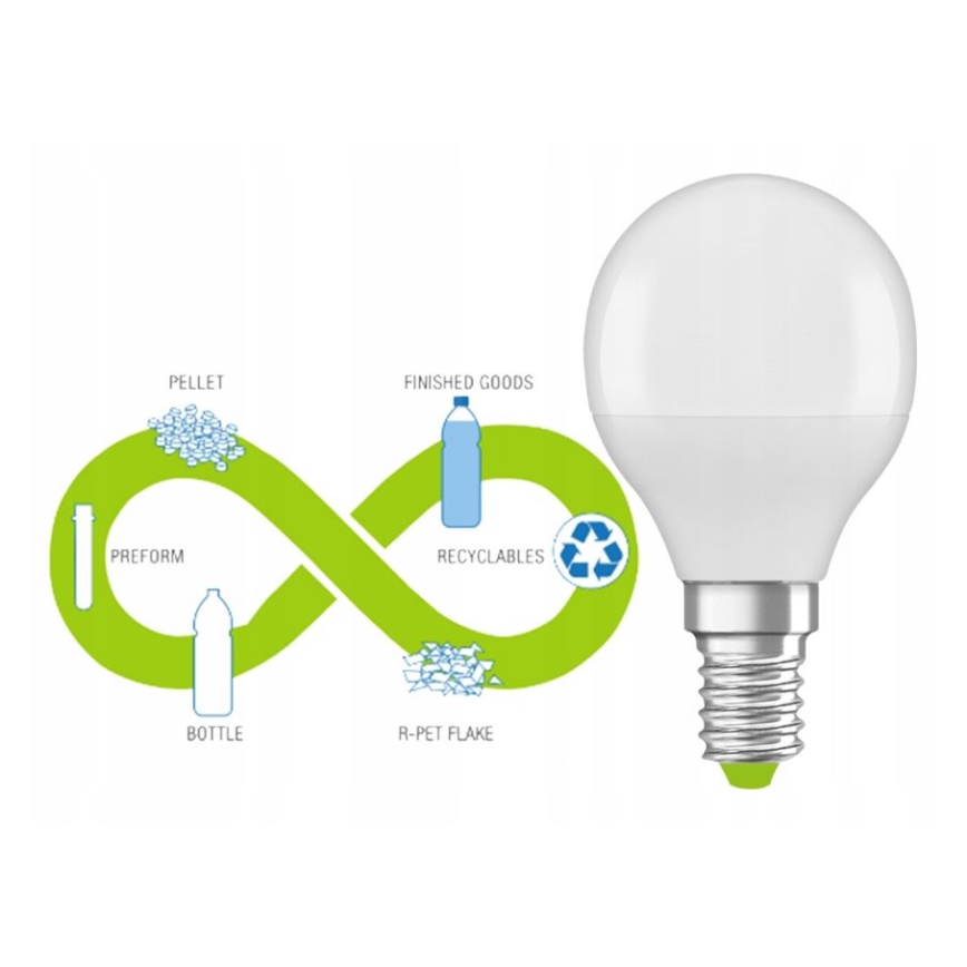 LED Bombilla hecha de plástico reciclado P45 E14/4,9W/230V 2700K - Ledvance