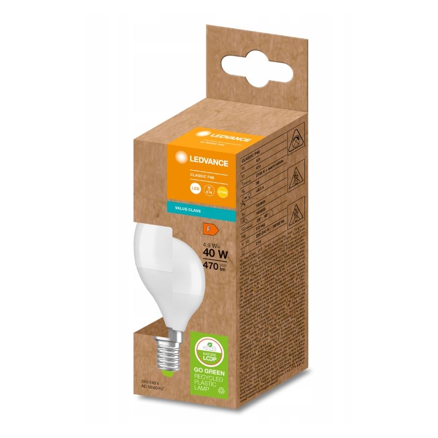 LED Bombilla hecha de plástico reciclado P45 E14/4,9W/230V 2700K - Ledvance