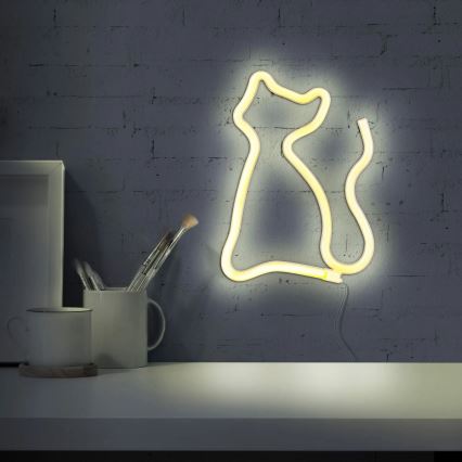 LED Decoración de pared de neón CAT LED/3W/3xAA USB amarillo