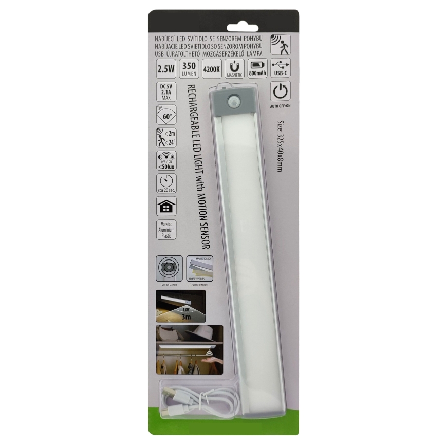LED Iluminación para muebles recargable con sensor LED/2,5W/5V USB 800 mAh 4200K 32,5 cm