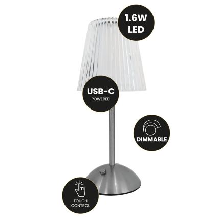 LED Lámpara de mesa táctil recargable y regulable ELBA LED/1,6W/800 mAh cromo mate/transparente