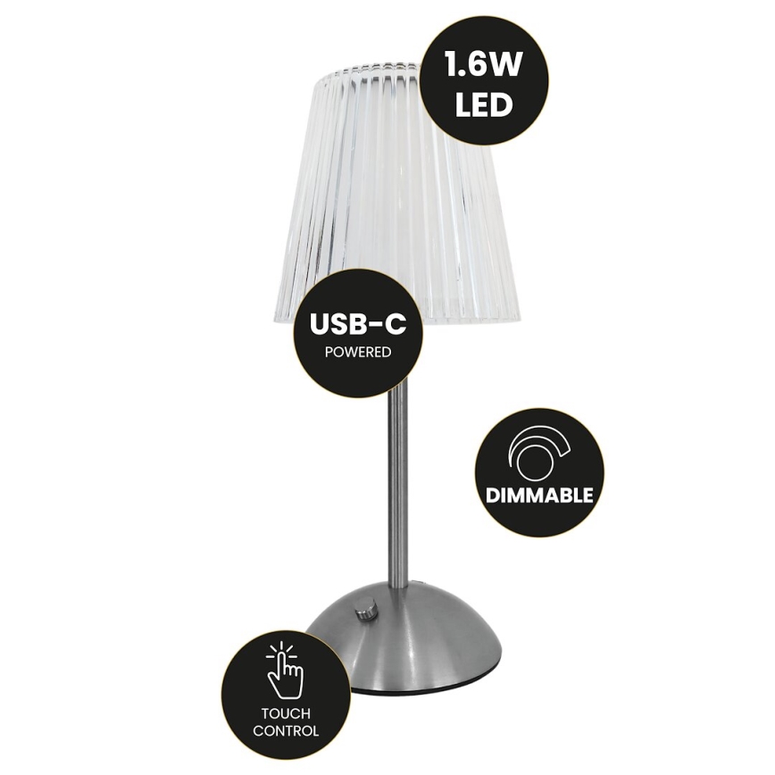 LED Lámpara de mesa táctil recargable y regulable ELBA LED/1,6W/800 mAh cromo mate/transparente
