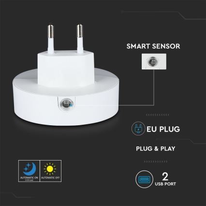 LED Luz nocturna de enchufe con sensor crepuscular 2xUSB LED/0,45W/230V 3000K