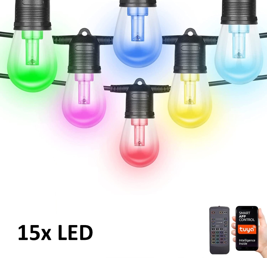 LED RGB+CCT Cadena de exterior regulable GARLAND 15xLED/1W/230V 15m Wi-Fi Tuya IP65 + control remoto
