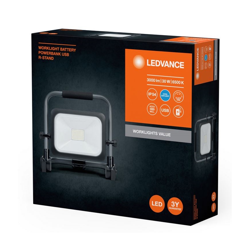 Ledvance - Proyector recargable LED regulable para exteriores WORKLIGHT BATTERY LED/30W/5V 2200 mAh IP54