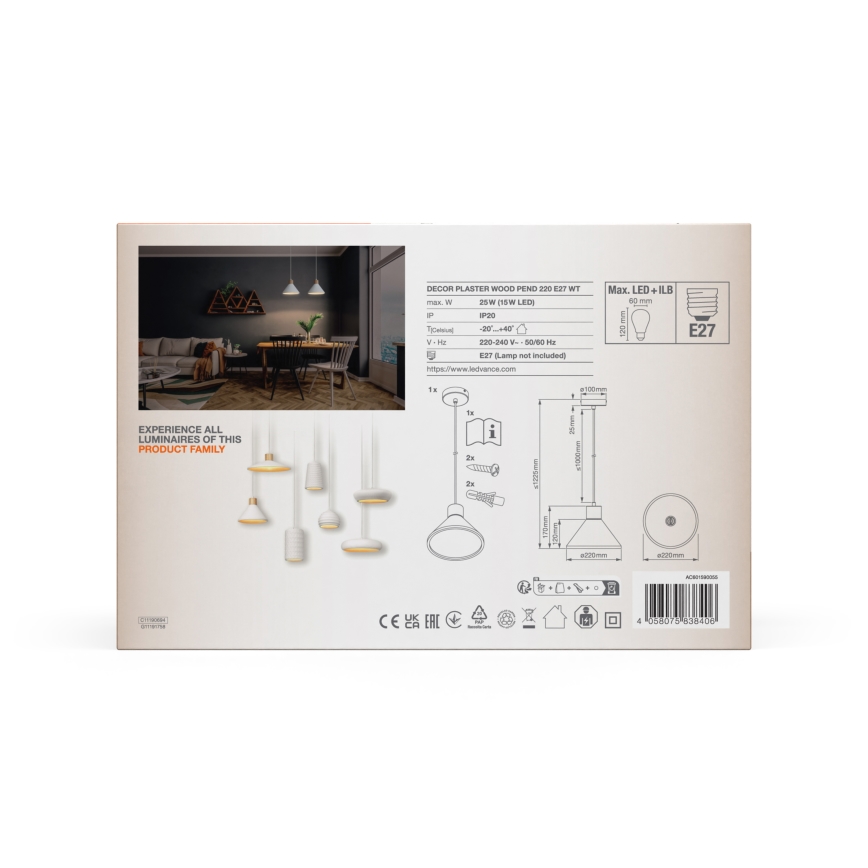 Ledvance - Lámpara colgante DECOR PLASTER 1xE27/25W/230V diá. 22 cm yeso blanco