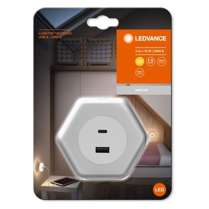 Ledvance - Lámpara nocturna LED con enchufe con USB LUNETTA LED/15W/230V