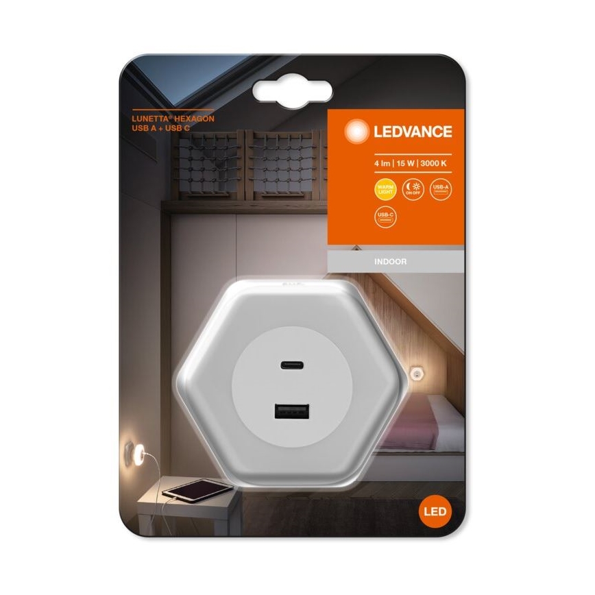 Ledvance - Lámpara nocturna LED con enchufe con USB LUNETTA LED/15W/230V