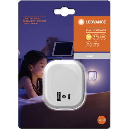Ledvance - LED Lámpara nocturna para enchufe con sensor y USB LUNETTA LED/12,5W/230V 3000K blanco