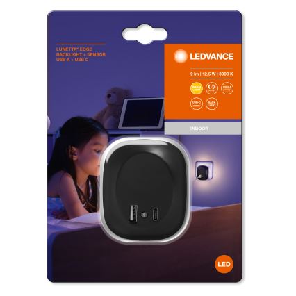 Ledvance - LED Lámpara nocturna para enchufe con sensor y USB LUNETTA LED/12,5W/230V 3000K negro