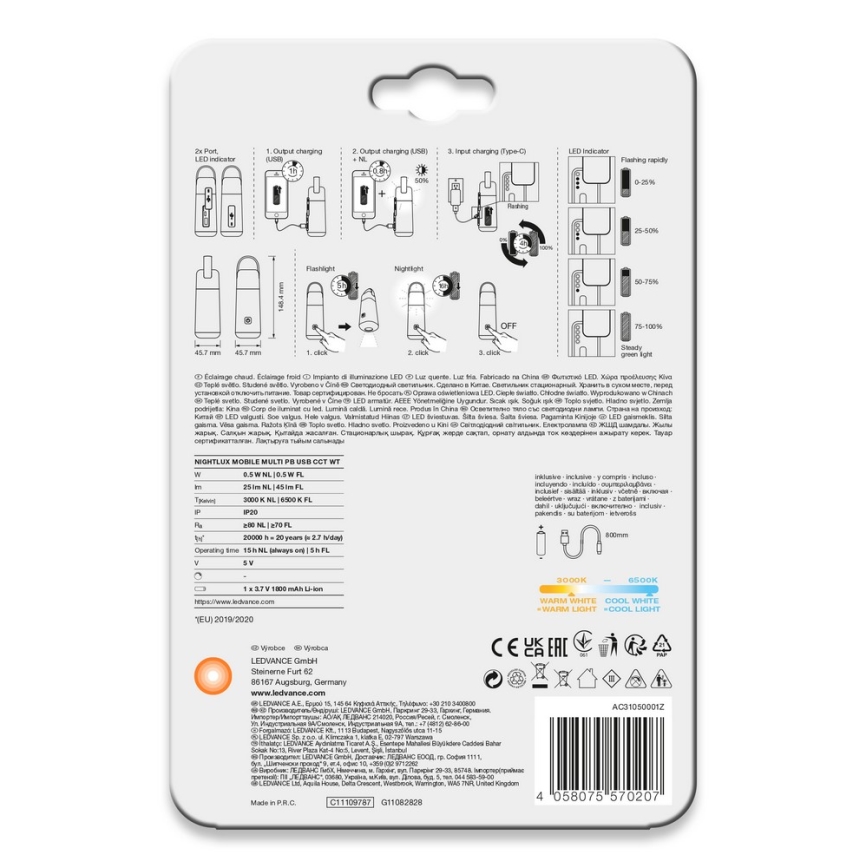 Ledvance - Power bank LED con función linterna MOBILE LED/0,5W/5V 1800 mAh 2xUSB
