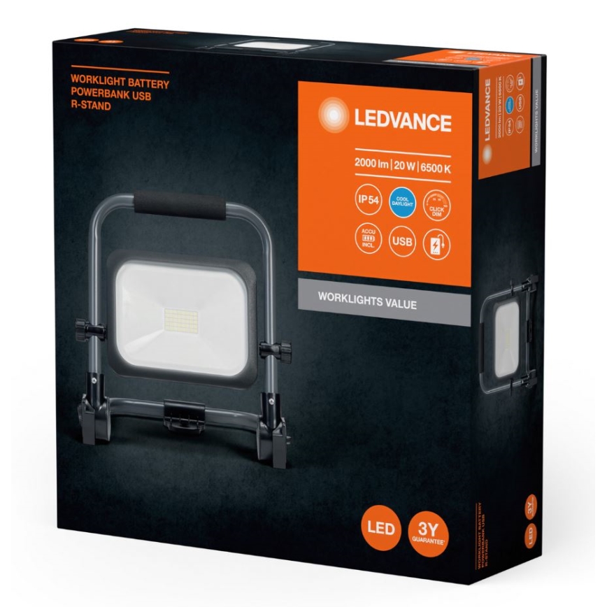 Ledvance - Proyector LED recargable para exterior regulable WORKLIGHT BATTERY LED/20W/5V 2200 mAh IP54