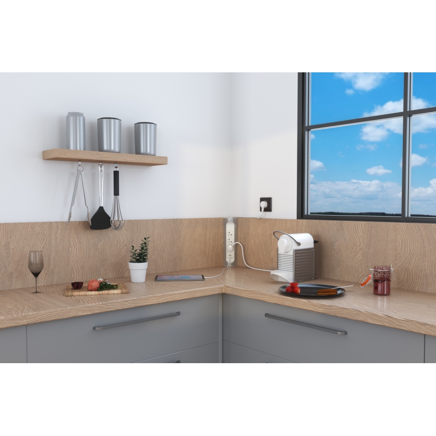 Legrand 049406 - Cable de extensión 3 enchufes Tipo E + USB-A + USB-C 1 m plateado/blanco