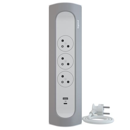 Legrand 049406 - Cable de extensión 3 enchufes Tipo E + USB-A + USB-C 1 m plateado/blanco