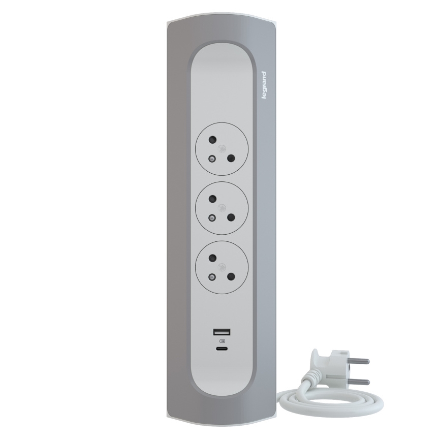Legrand 049406 - Cable de extensión 3 enchufes Tipo E + USB-A + USB-C 1 m plateado/blanco