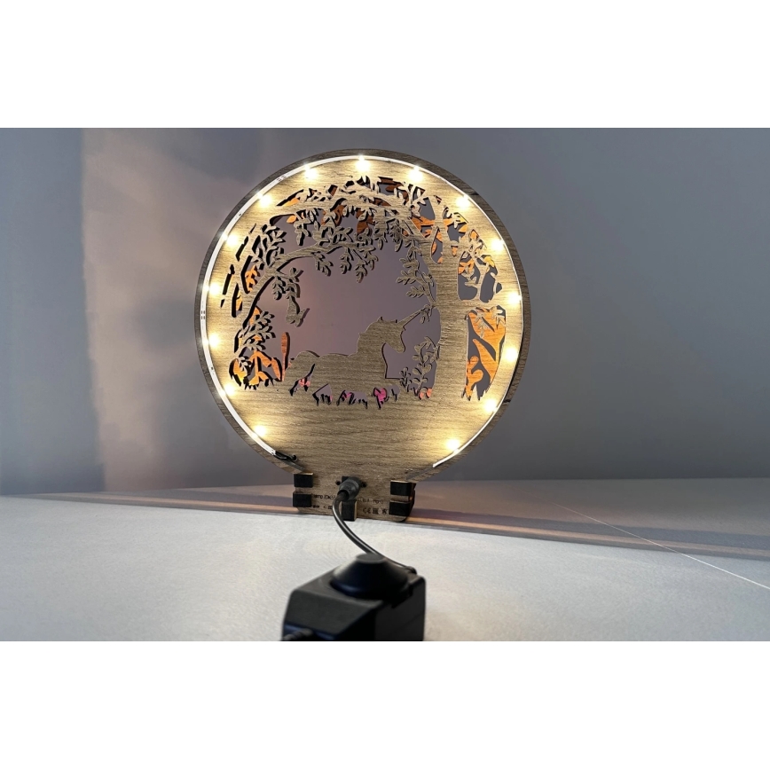Li-Go 23568/DUB2 - Decoración de sobremesa LED regulable LED/12W/230V 20x22 cm roble/Unicornio