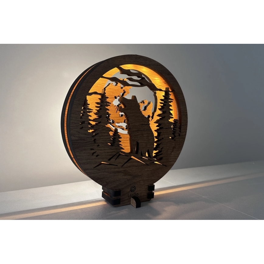 Li-Go 23574/DUB2 - Lámpara decorativa de sobremesa LED regulable LED/12W/230V 20x22 cm roble/Lobo y luna
