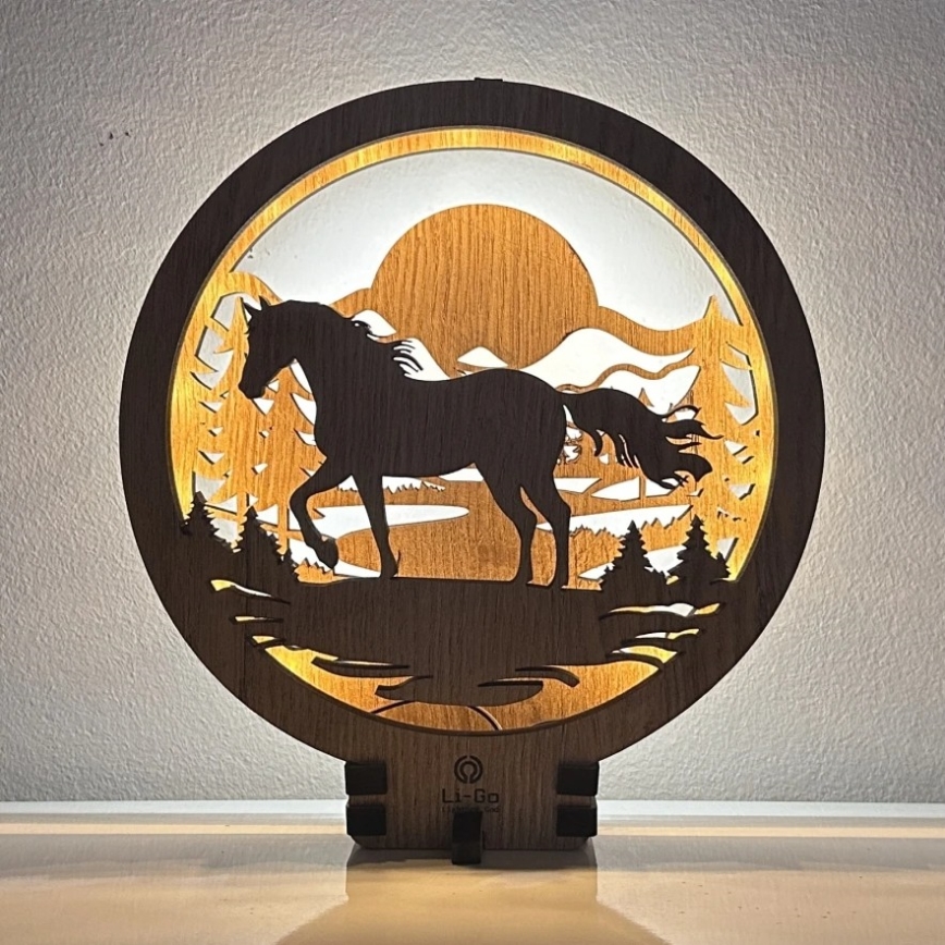 Li-Go 23598/DUB2 - Decoración de sobremesa LED regulable LED/12W/230V 20x22 cm roble/caballo