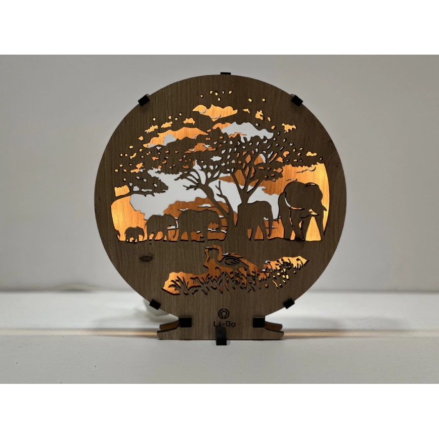 Li-Go 23610/DUB2 - Lámpara decorativa de sobremesa LED regulable, LED/12W/230V, 20x22 cm, acabado roble con motivos de elefantes