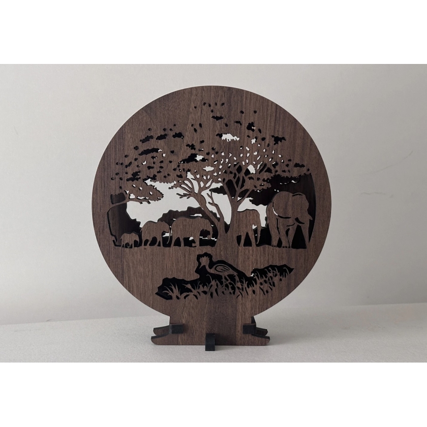 Li-Go 23610/DUB2 - Lámpara decorativa de sobremesa LED regulable, LED/12W/230V, 20x22 cm, acabado roble con motivos de elefantes