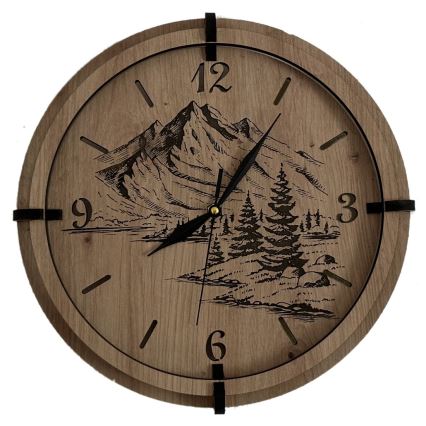 Li-Go 23676/DUB5 - Reloj de pared de madera 1xAA, diámetro 32 cm, roble/Montañas