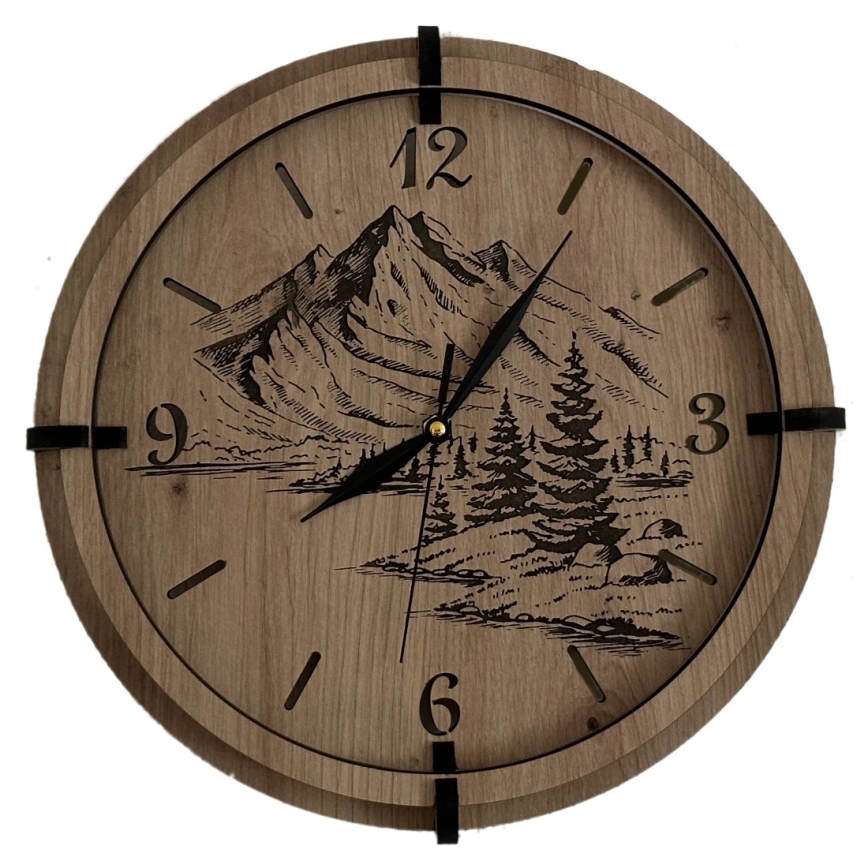 Li-Go 23676/DUB5 - Reloj de pared de madera 1xAA, diámetro 32 cm, roble/Montañas