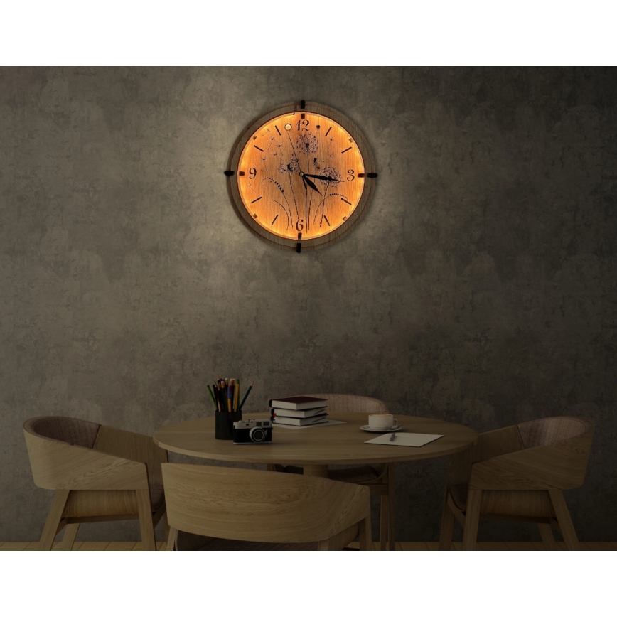 Li-Go 23688/DUB2 - Reloj LED regulable con sensor de movimiento LED/5V 20000 mAh + 1xAA Ø 32 cm roble/Diente de león