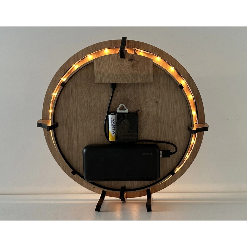 Li-Go 23688/DUB2 - Reloj LED regulable con sensor de movimiento LED/5V 20000 mAh + 1xAA Ø 32 cm roble/Diente de león