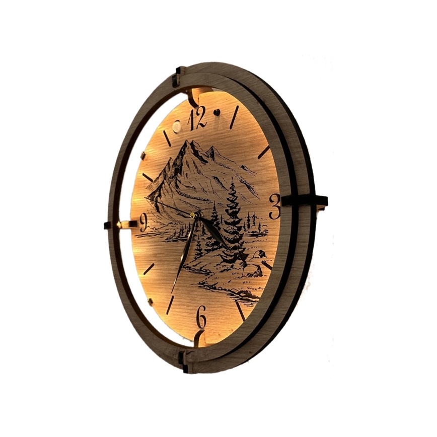 Li-Go 23697/DUB/BAT2 - Reloj LED regulable con sensor de movimiento LED/10W/5V 20000 mAh + 1xAA Ø 32 cm roble/Montañas