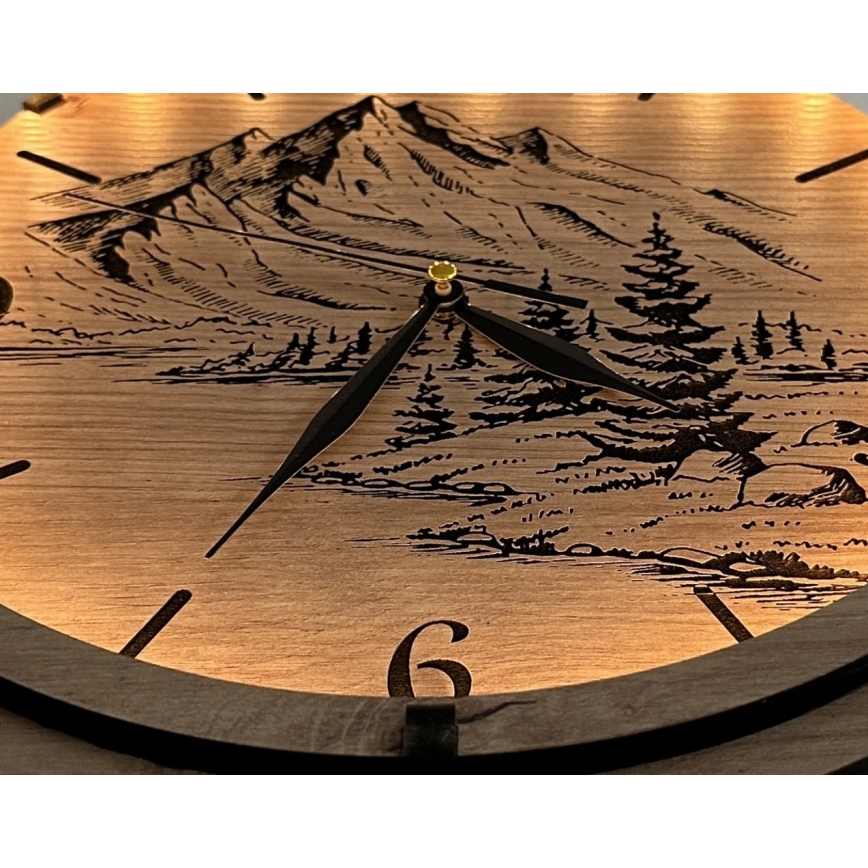 Li-Go 23697/DUB/BAT2 - Reloj LED regulable con sensor de movimiento LED/10W/5V 20000 mAh + 1xAA Ø 32 cm roble/Montañas