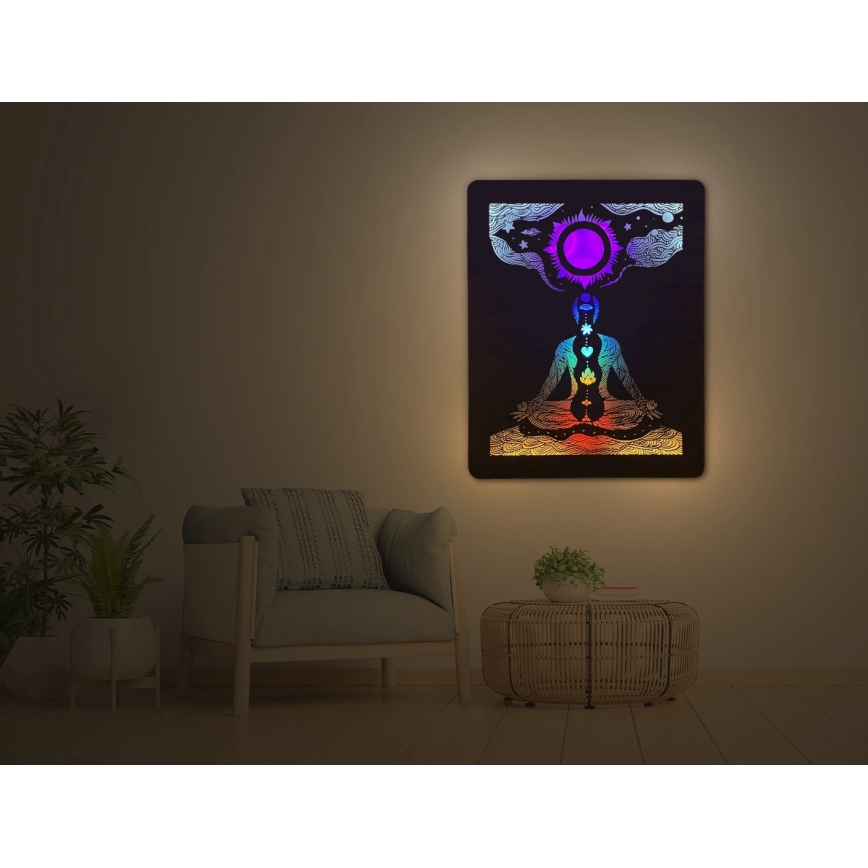 Li-Go 4421/A/4 - Decoración mural LED regulable LED/10W/5V 30000 mAh 70x90 cm roble/chakras
