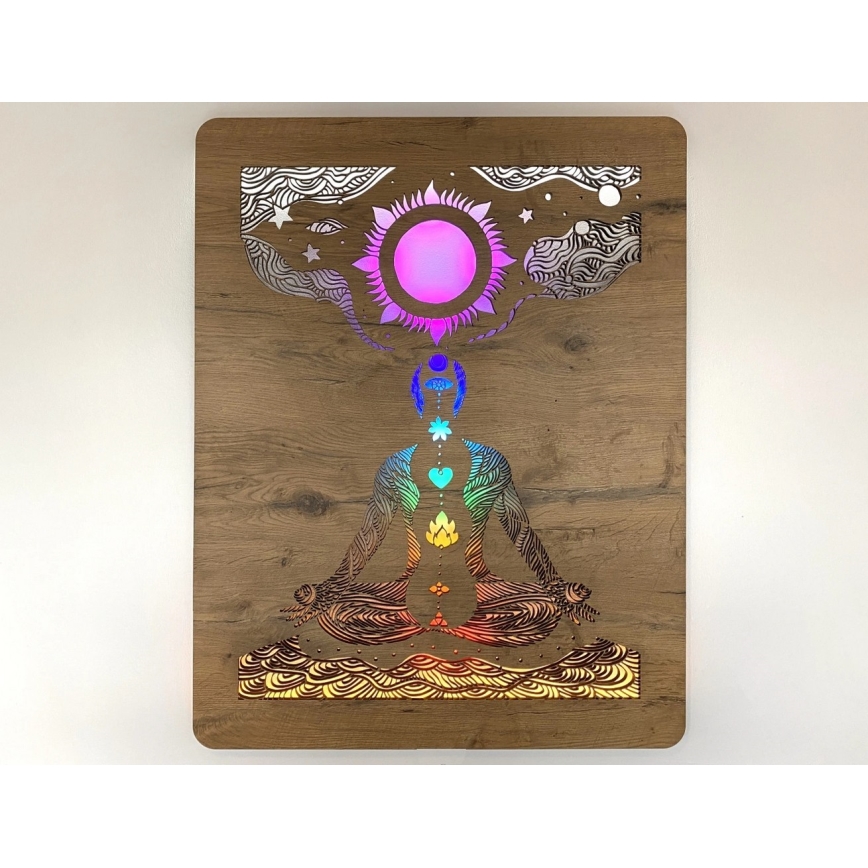 Li-Go 4421/A/4 - Decoración mural LED regulable LED/10W/5V 30000 mAh 70x90 cm roble/chakras