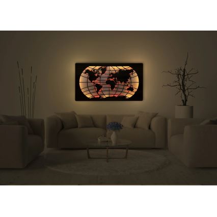 Li-Go 4709/DUB2 - LED RGBW decoración de pared regulable LED/24W/230V 125x74 cm roble/Mapa del mundo paralelos + mando a distancia