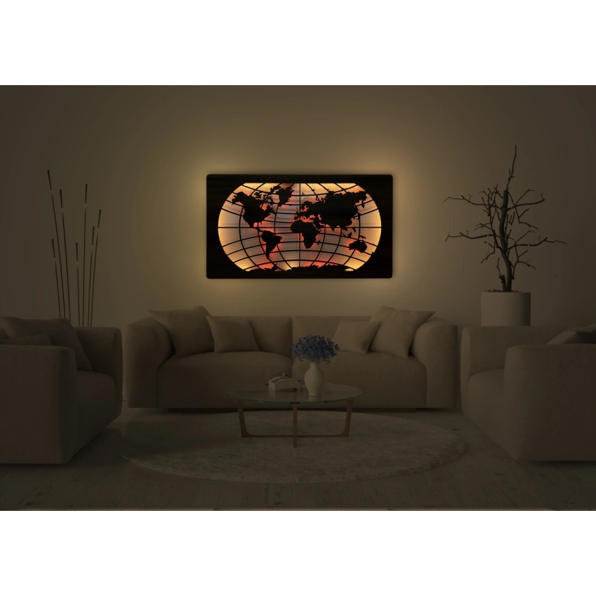 Li-Go 4709/DUB2 - LED RGBW decoración de pared regulable LED/24W/230V 125x74 cm roble/Mapa del mundo paralelos + mando a distancia