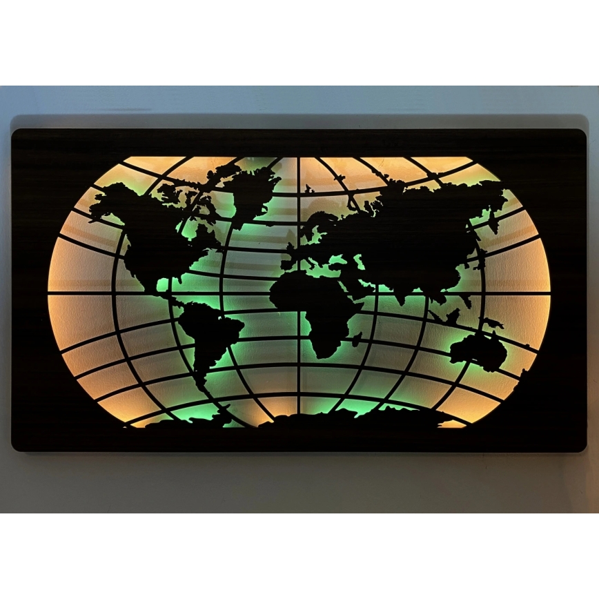 Li-Go 4709/DUB2 - LED RGBW decoración de pared regulable LED/24W/230V 125x74 cm roble/Mapa del mundo paralelos + mando a distancia