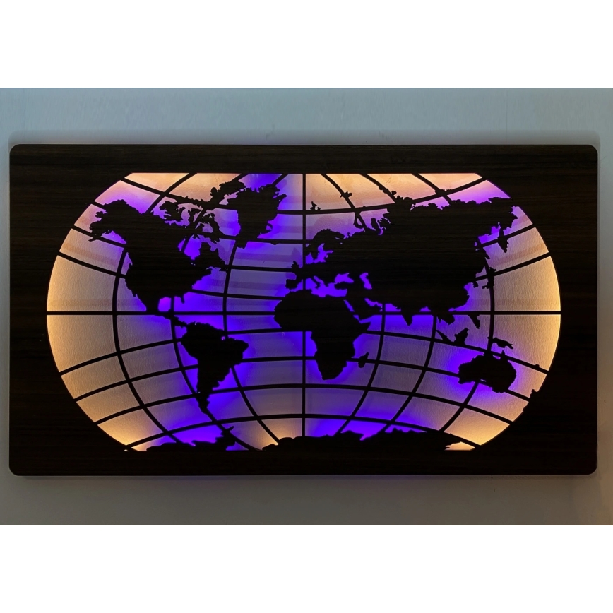 Li-Go 4709/DUB2 - LED RGBW decoración de pared regulable LED/24W/230V 125x74 cm roble/Mapa del mundo paralelos + mando a distancia