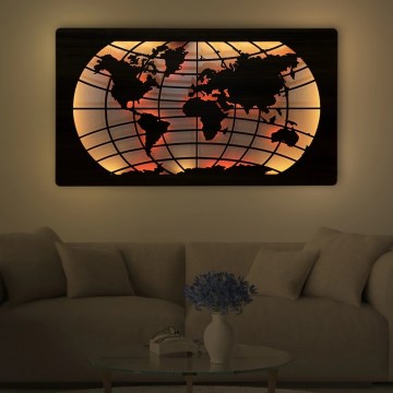 Li-Go 4709/DUB2 - LED RGBW decoración de pared regulable LED/24W/230V 125x74 cm roble/Mapa del mundo paralelos + mando a distancia