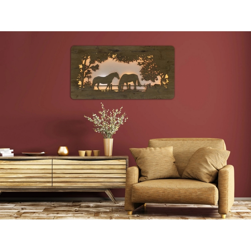 Li-Go 5012/B/4 - Decoración de pared LED regulable LED/10W/5V 30000 mAh 120x60 cm roble/caballos + mando a distancia