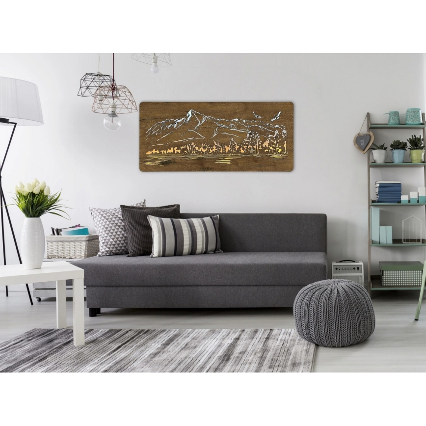 Li-Go 5589/A/DUB2 - Decoración mural LED regulable LED/10W/5V 30000 mAh 110x50 cm roble/Montañas con pájaros