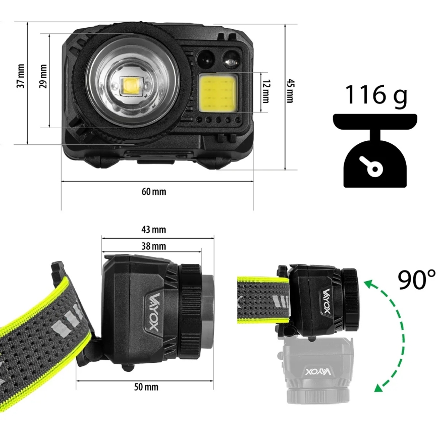 Linterna frontal LED recargable y regulable con sensor y luz roja LED/6W/5V/3xAAA IP66 500 lm 1200 mAh