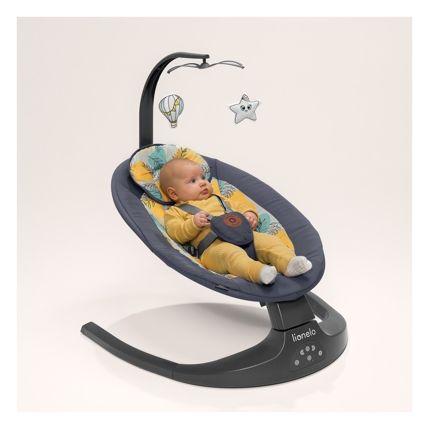 Lionelo - Columpio para bebé con melodía RALF 4xAA gris/blanco + mando a distancia