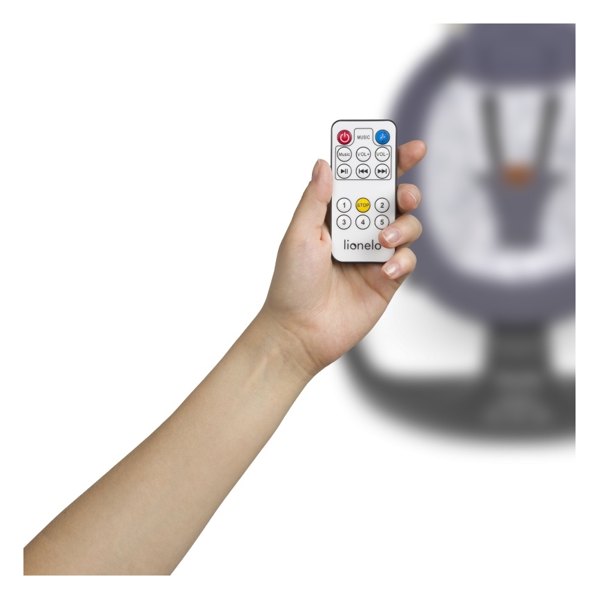 Lionelo - Columpio para bebé con melodía RALF 4xAA gris/blanco + mando a distancia