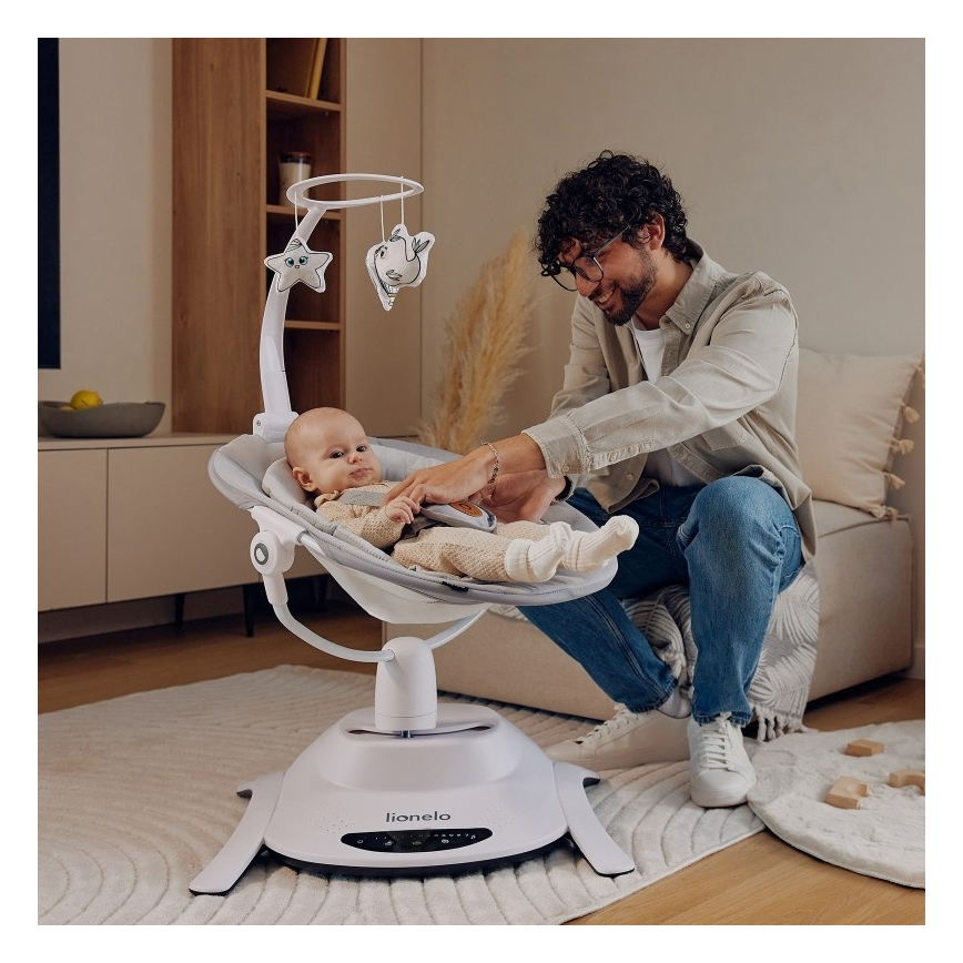 Lionelo - Mecedora infantil con melodía BELLA Grey Concrete + mando a distancia